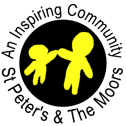 St Peters and The Moors Big Local logo. Two yellow stick people on a black circular background.